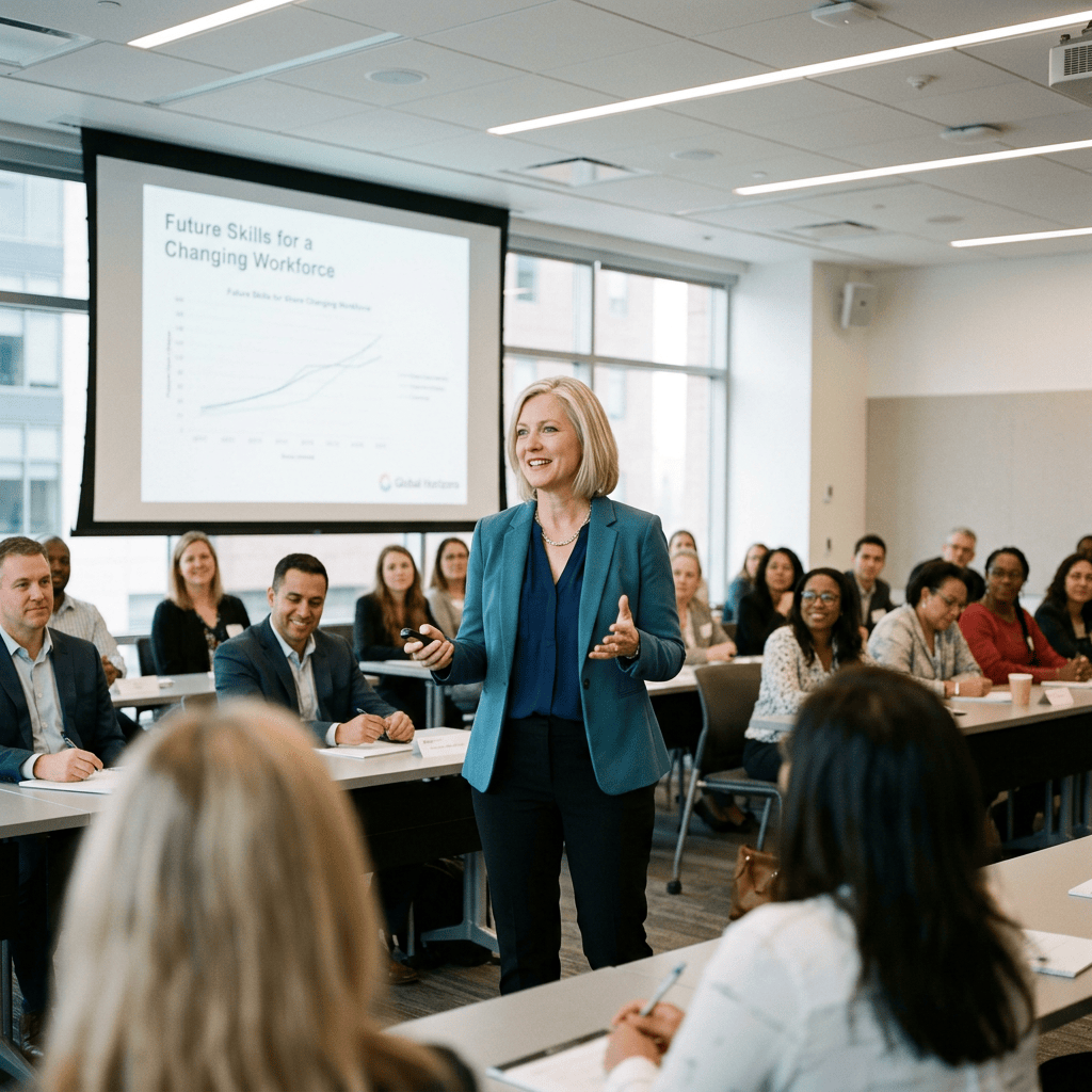 Businesswoman presenting future workforce skills to an audience in a conference room